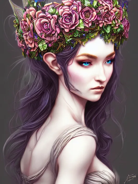 Image similar to digital art, centered elven bride, vivid flower crown ,intricate, veins, by James Jean and by artgerm , ultradetailed, charachter design, concept art, trending on artstation,