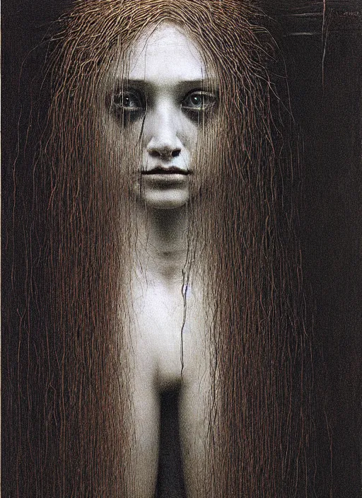 Image similar to girl with long hairs inside cage by Beksinski