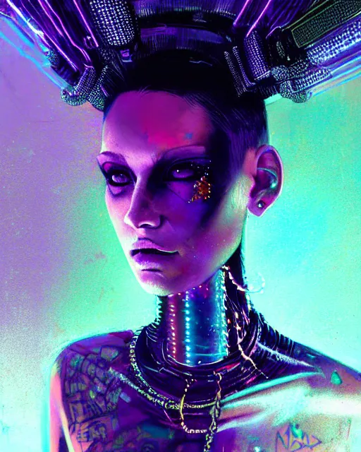 Image similar to detailed portrait of Punk girl, standing hair line, chains, pierced, tattoed Sheen Holographic Futuristic sci-fi fashion cyberpunk, (neotokyo), synthwave, (aesthetics), futuristic, bladerunner movie scene by ismail inceoglu dragan bibin hans thoma greg rutkowski Alexandros Pyromallis Nekro Rene Margitte illustrated Perfect face, fine details, realistic shaded, fine-face, pretty face sharp chine