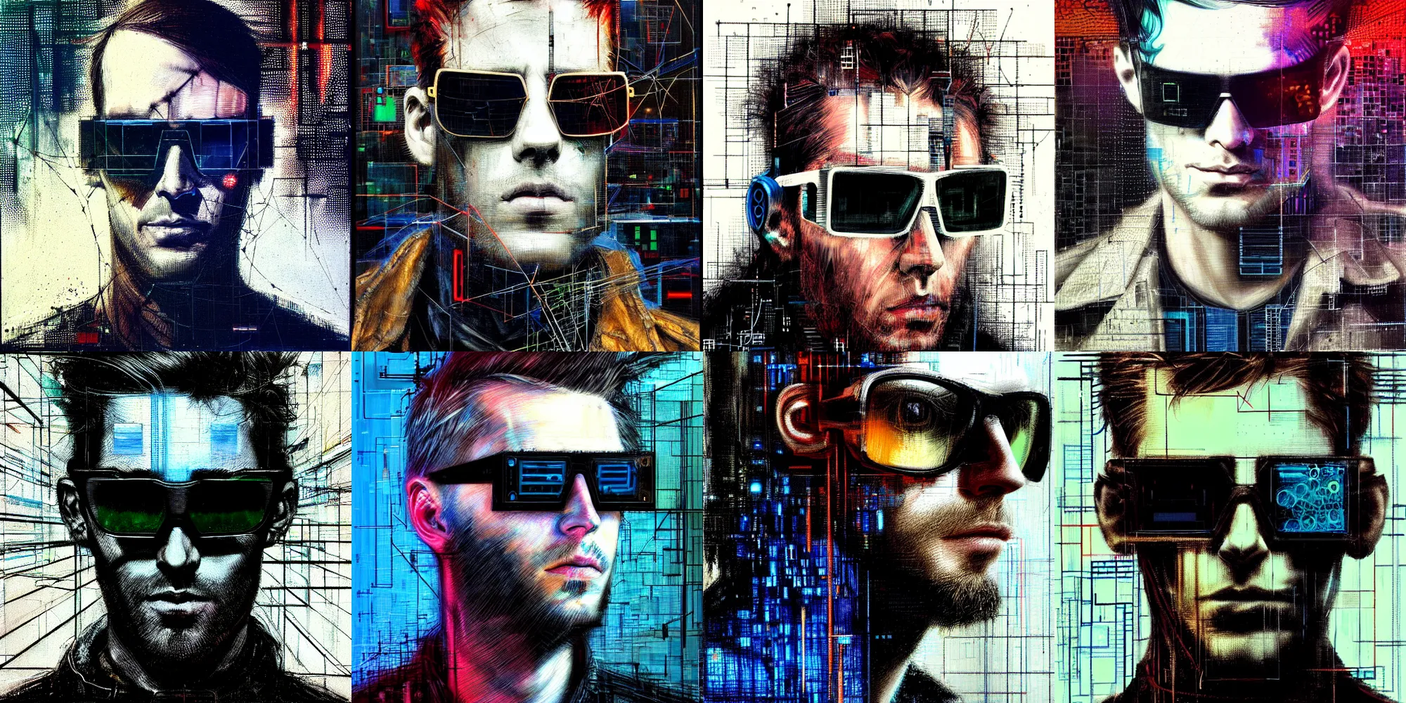 Prompt: hyperrealistic portrait of a cyberpunk man, by Guy Denning, Johannes Itten, Russ Mills, hacking effects, medium long hair, glitch effects, detailed lines, network, futuristic sunglasses, technological, color blocking!, circuitry, digital, oil on canvas, insane detail, front view, symmetrical, octane, concept art, profile pic, masterpiece, abstract, artistic, 8k, cinematic, trending on artstation