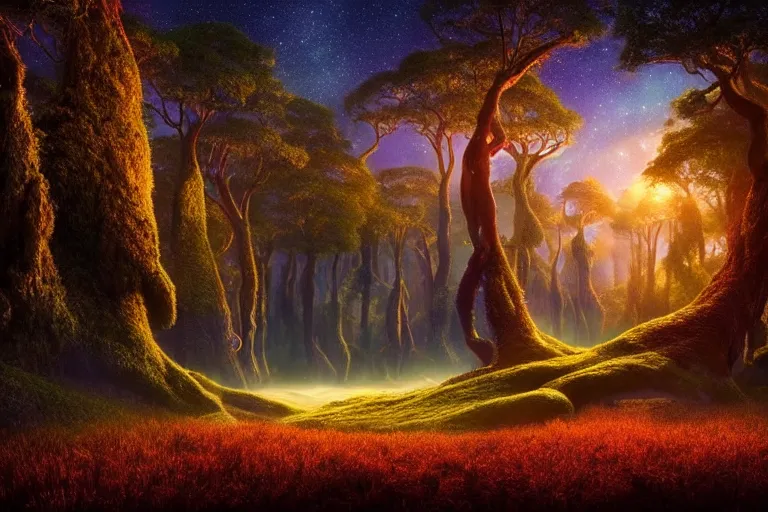 Image similar to vivid surreal landscape : : magic forest nature : : weta disney pixar movie still photo : : decadent highly - detailed digital painting, full length shot, golden, golden hour, galaxies, stars, light trails, ratio, octane render, artstation, smooth, sharp focus, artgerm, mucha, loish, wlop, gogo