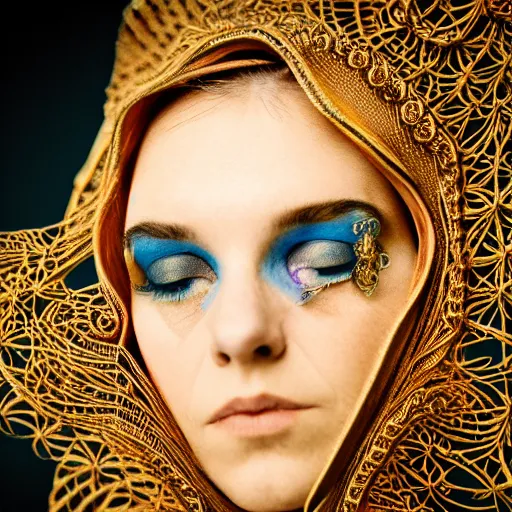 Image similar to an award finning closeup photo by a famous portrait photographer of a beautiful female bohemian cyberpunk musician in filigree fractal robes