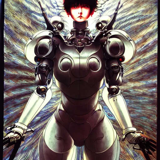 Image similar to prompt : photorealistic cinematic 3 d render of persona soft light painted by takato yamamoto, mecha attributes and armor, inspired by ghost in shell anime, smooth face feature, intricate oil painting, high detail, sharp high detail, manga and anime 1 9 8 0