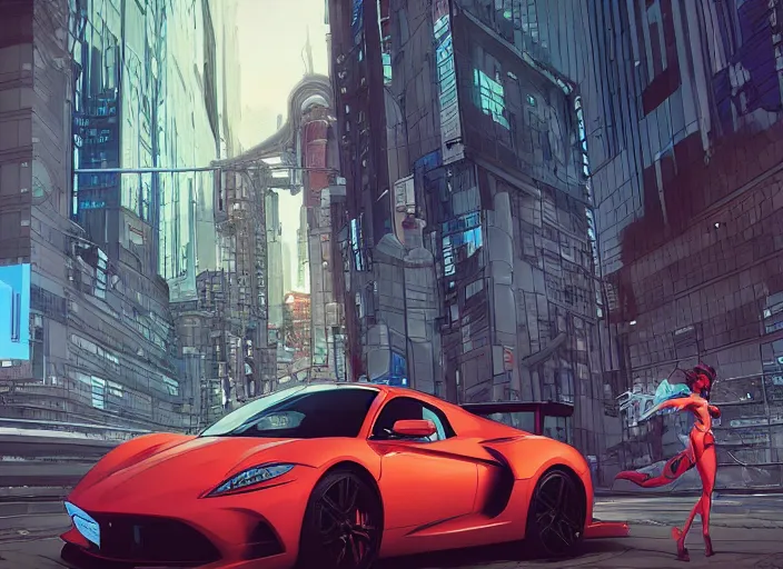 Image similar to a sport car in a city. sharp focus, cinematic pose, cinematic lighting, unreal engine render. art by josan gonzales and moebius and deathburger.