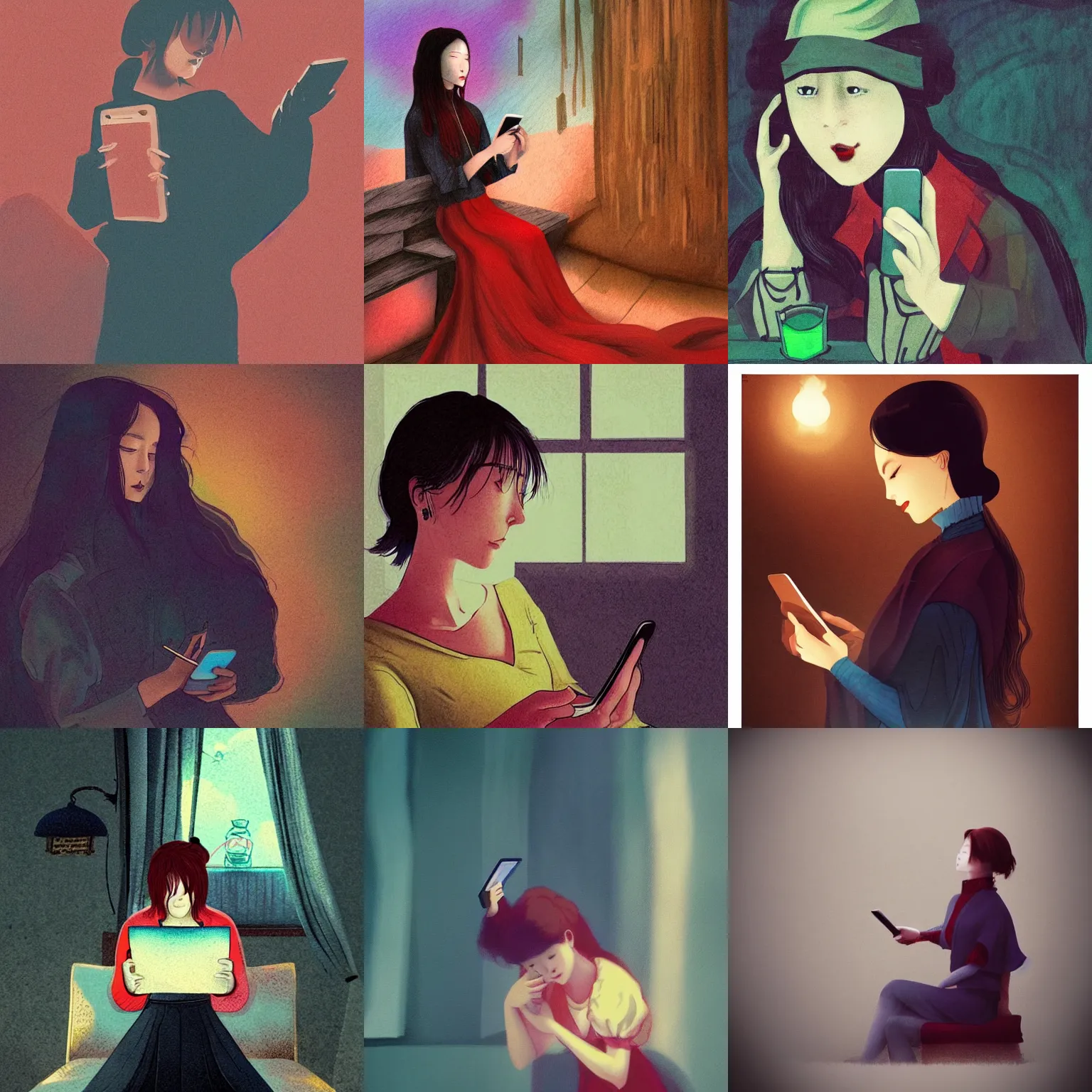 Prompt: an artistically colored photo of a woman on her cell phone, a storybook illustration by Gong Kai, tumblr contest winner, neo-romanticism, filmic, horror film, imax