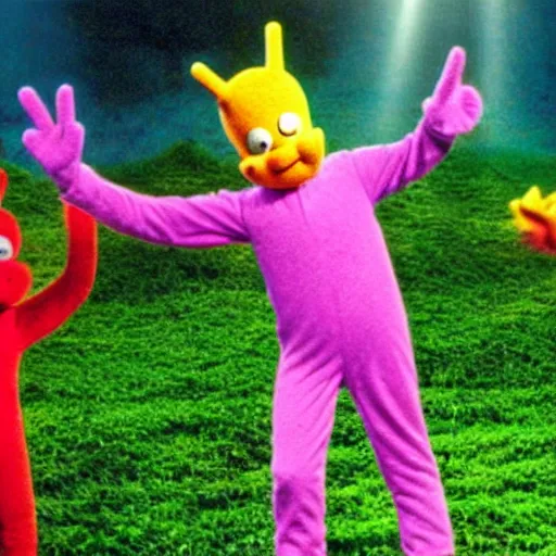 Image similar to photograph of slenderman standing behind some teletubbies, waving its arm, cinematic shot, backlighted