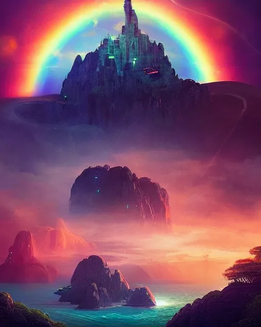 Prompt: space ship above an island, epic landscape, scifi, foggy, concept art, vibrant, waterfall, city on island, rainbow, magical, cinematic lighting, high quality, art by alena aenami and thomas cole and thomas kinkade