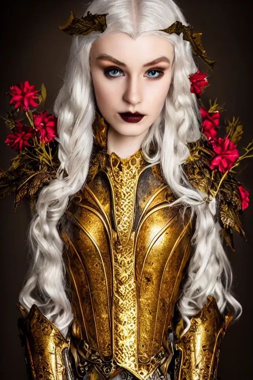 Image similar to very beautiful elven top model, golden hair, wearing dolce & gabbana gothic victorian armor with leaves and flowers, luxury materials, symmetrical, cinematic, elegant, professional studio light, real dlsr photography, sharp focus, 4 k, ultra hd, sense of awe, high fashion