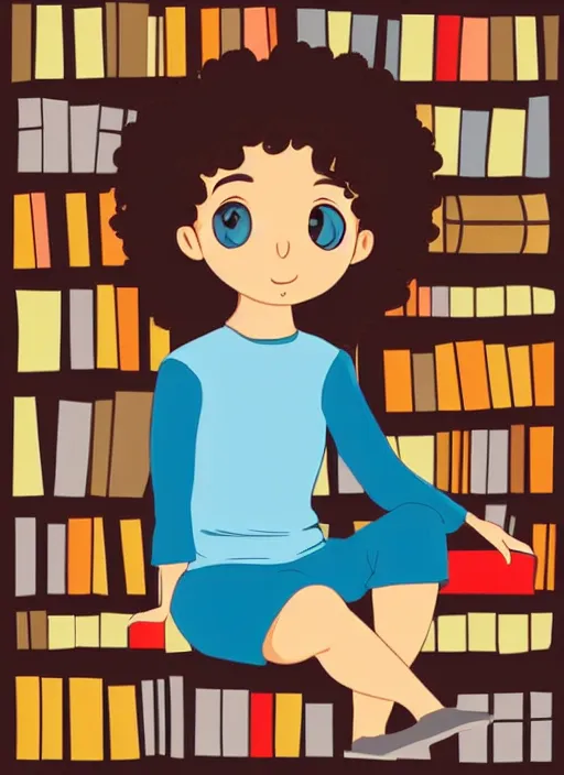 Prompt: a little girl with curly brown hair sits cross legged on top of a tall pile of books. she is reading. clean pretty cartoon painting, cel shaded, minimal outlines, beautiful detailed face.