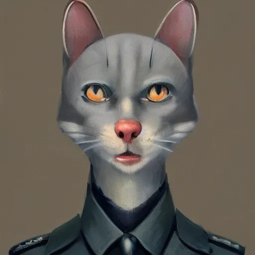 Prompt: Portrait painting of an anthropomorphic gray cat wearing as a 1950's Soviet leader, trending on artstation, by Sergey Kolesov