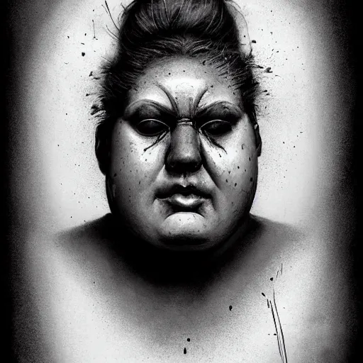 Prompt: portrait of the face of big fat old sumoringer as despair from sandman, venus of willendorf, by jeremy mann, by gregory crewdson, by bastien lecouffe deharme, by russ mills, sad face, topknot, black hair, mourning, black eyes, white room, soft lightning, high detailed, 8 k