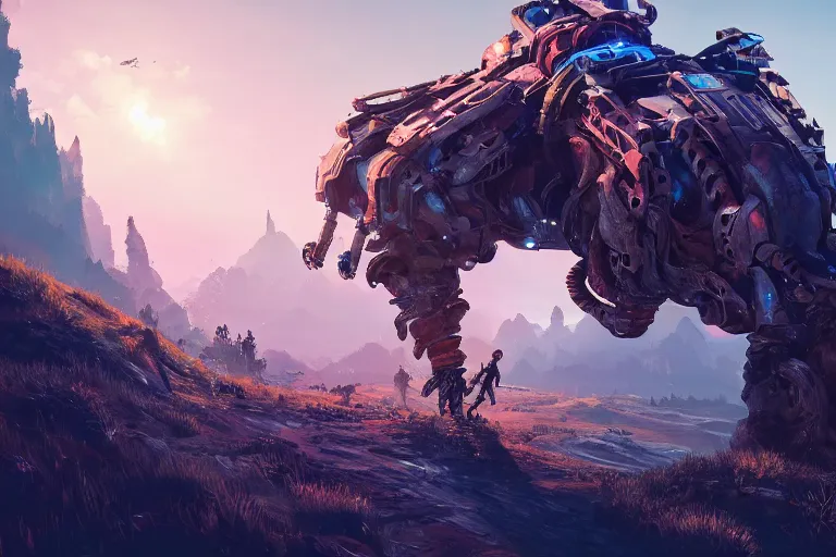 Prompt: burrower machine creature robot of horizon forbidden west horizon zero dawn radiating a glowing aura global illumination ray tracing hdr fanart arstation by ian pesty and alena aenami artworks in 4 k