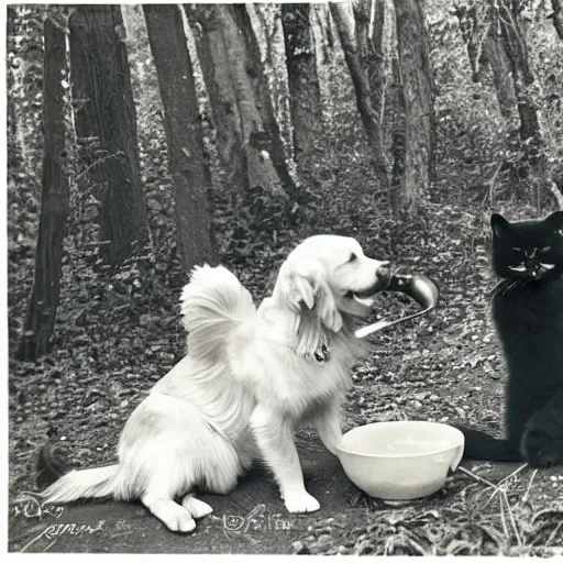 Prompt: vintage photograph of a golden retriever and a black kitty having a tea party in the forest