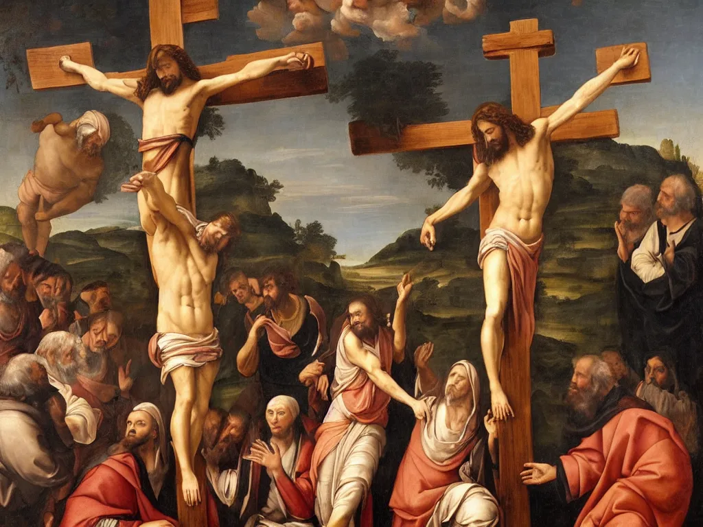 Prompt: a renaissance painting of Jesus on the cross except Jesus is a woman