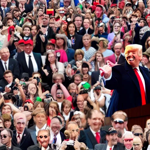 Image similar to enoumous crowd of millions of people, everyone is laughing and pointing at donald trump on a podium. he is not wearing pants and his legs are visible. style of salvador dali.