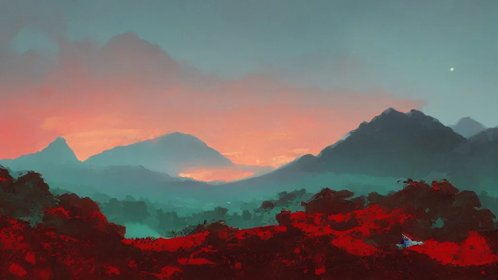 Prompt: red skies and blue oceans and green mountains by greg rutkowski, landscape,