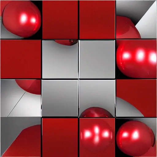 Prompt: chrome spheres on a red cube, collage