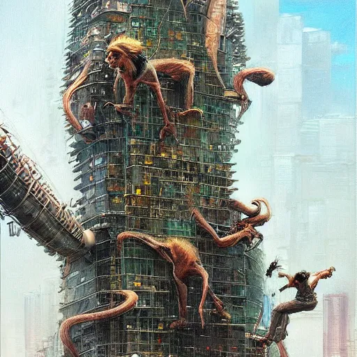 Prompt: giant cybernetic monkey scaling a skyscraper beanstalk, concept art, by Stanley Artgerm Lau, WLOP, Rossdraws, James Jean, Andrei Riabovitchev, Marc Simonetti, Yoshitaka Amano, Zdzisław Beksiński, ayami kojima, oil on canvas, digital painting, trending on ArtStation, CGSociety CG Awards, rtx on, high detail, ultrarealism