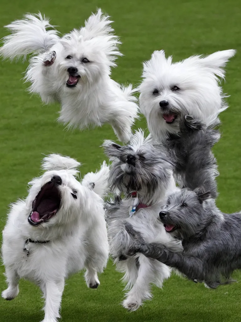 Image similar to a gray german spitz fights a white west highland terrier