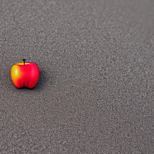 Image similar to A plastic apple in a exposure room exploding into thousands of grey sand pieces flying in all directions, the grey sand pieces leave a gray sand trail, 40nm lens, shallow depth of field, split lighting, 4k,