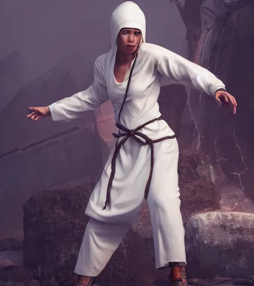 Prompt: a female monk dressed in white tapered clothes controlling the spirits around her, octane render, character art, fighting pose, action pose, digital art, trending on artstation, 8k, epic composition, highly detailed, sharp focus