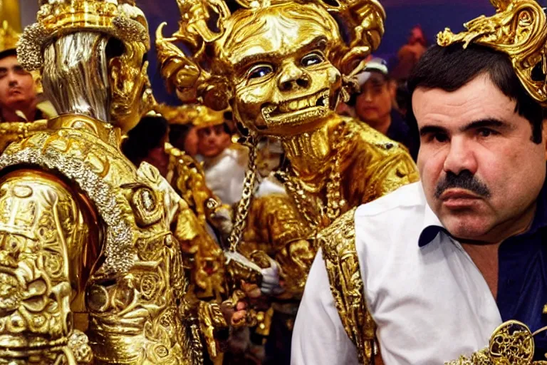 Image similar to el chapo is a genie standing in the middle of a grandiose mexican mansion. everything is made out of gold. the mansion is incredible and ornate. chapo has a clockwork chain. there are princesses and queens everywhere around him because they love him. wearing a genie costume. lovely scene of a genie being a pimp