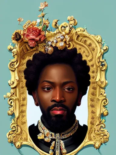 Image similar to rococo portrait of a black prince wearing a golden crown with pastel flowers, symmetrical, realistic, 8 k, artstation, digital painting, art by krenz cushart, kehinde wiley, artgem