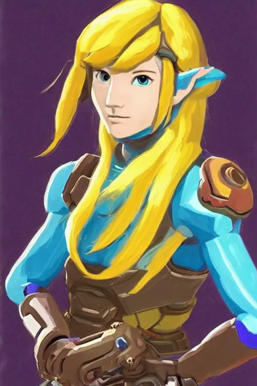 Image similar to a portrait of samus aran from the legend of zelda breath of the wild, breath of the wild art style.