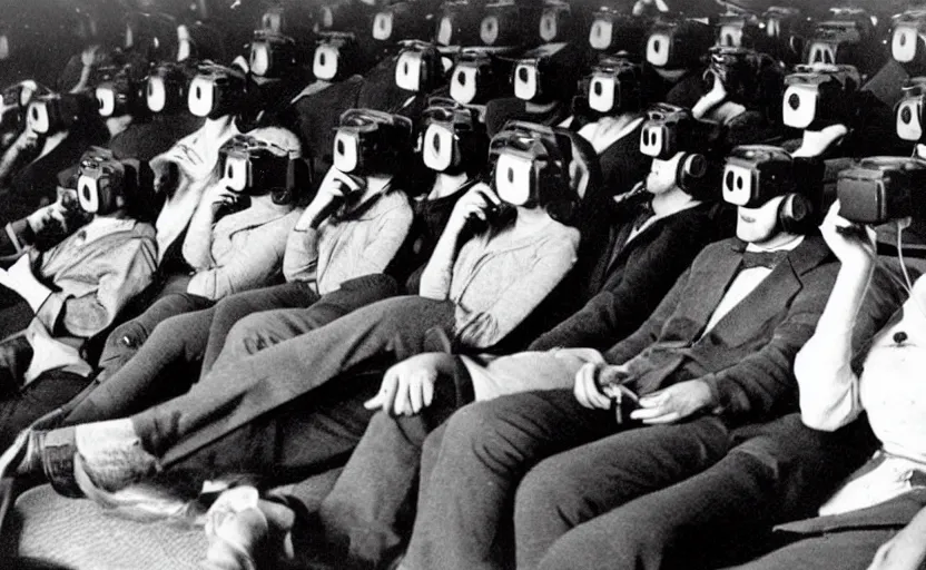 Image similar to 1 9 0 0 s photo of people using iphones ipods virtual reality headsets vr in a movie theater masterpiece