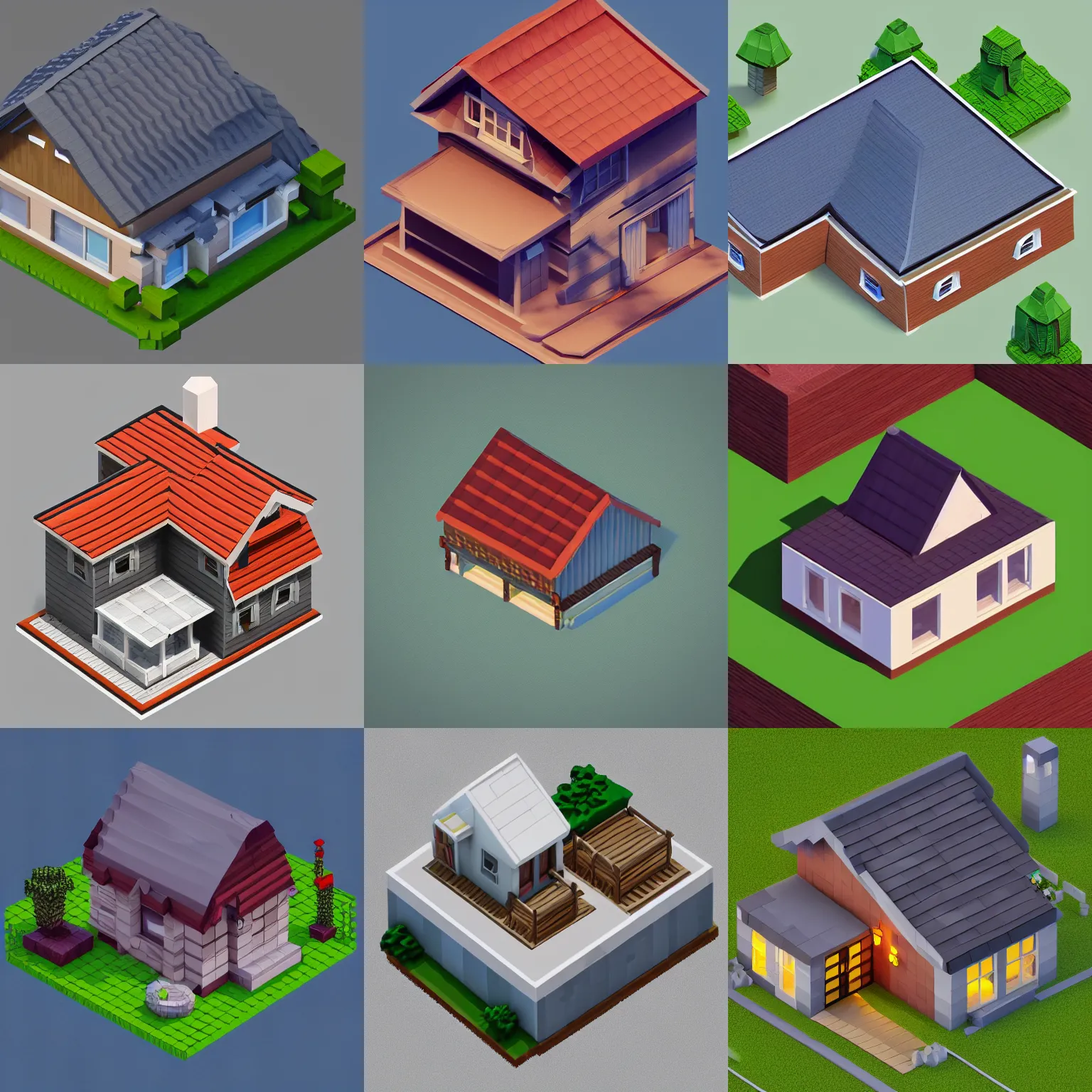 Prompt: isometric house, gambrel roof, modern, a low poly render, by senior environment artist, polycount, pixel art, isometric, voxel art, artstation