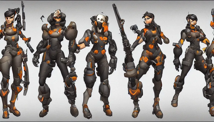 Image similar to Concept art for new overwatch character: Sabotuer, French Special Ops, Skinny, Spy, Uses C4, Roguish, and Hand Grenades, Anti-tank Rifle, Dark Humor, Male, Rugged, Dagger, Contra, Fast, Black and Orange