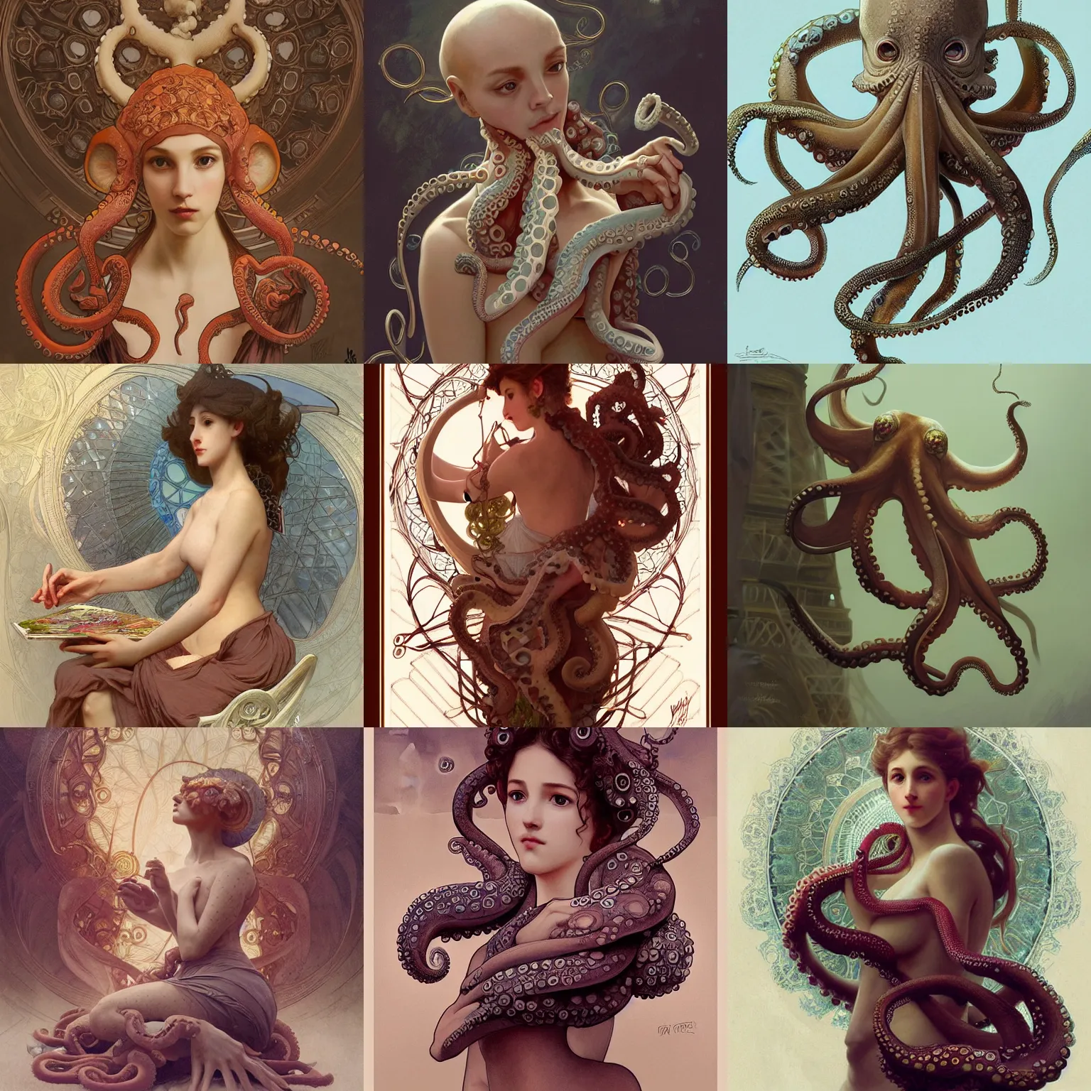 Prompt: my octopus friend in paris, intricate, elegant, highly detailed, digital painting, artstation, concept art, smooth, sharp focus, illustration, art by artgerm and greg rutkowski and alphonse mucha and william - adolphe bouguereau