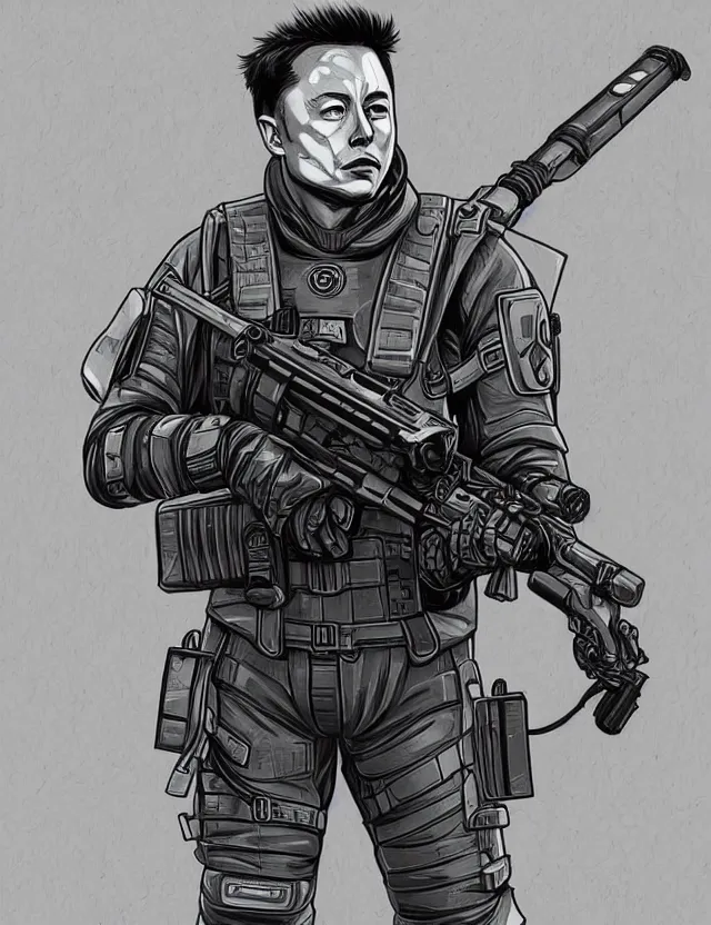 Image similar to a detailed manga illustration of elon musk in tactical gear, trending on artstation, digital art, 4 k resolution, detailed, high quality, sharp focus, hq artwork, coherent, insane detail, character portrait