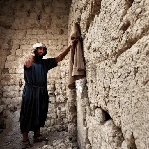 Image similar to award winning cinematic still of 40 year old man in ancient Canaanite clothing building a broken wall in Jerusalem, directed by Steven Spielberg