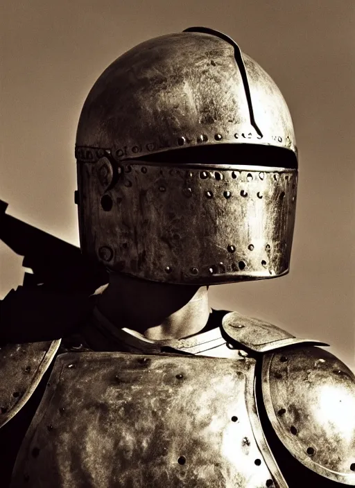 Prompt: close - up portrait athenian warrior with helmet and armor, art by peter lindbergh