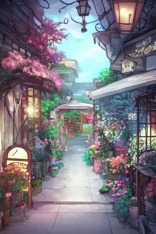 Image similar to a little flower shop's front gate, nostalgic, fresh digital illustrati on, dramatic lighting, pixiv