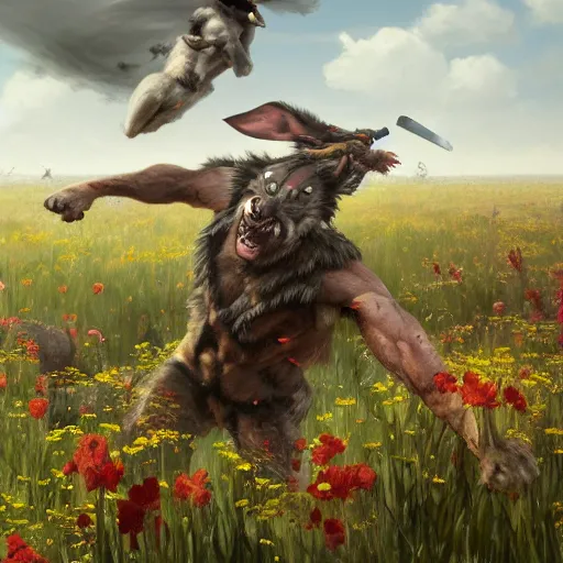 Image similar to A werewolf fighting a bunny barbarian in a field of flowers. WWII planes fly overhead, Academic painting by Greg Rutkowski, Mobile still frame. 4K UHD