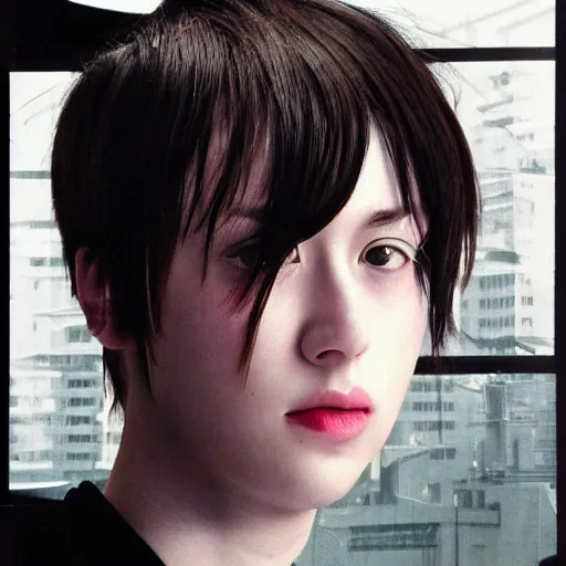 Image similar to beautiful 3/4 body portrait photo in style of 1990s frontiers in retrofuturism kyoto seinen manga fashion sid mead edition, highly detailed, focus on pursed lips, full body mirror in background, eye contact, soft lighting