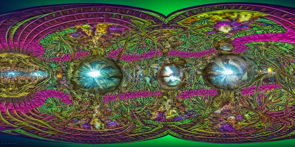 Prompt: 360 degree equirectangular, anthropomorphic mushroom circus portrait, Art Deco nature, fantasy, intricate art deco mushroom designs, elegant, highly detailed fractals, sharp focus, fractal, equirectangular, 360 degree, equirectangular, 360 monoscopic equirectangular, art by Artgerm and beeple and Greg Rutkowski and WLOP