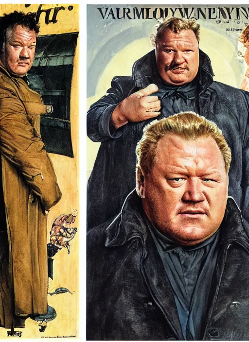 Image similar to full body and head portrait of ray winstone as baron vladimir harkonnen in dune 1982 wearing a long leather trench coat, by norman rockwell and jason fabok and tom lovell and frank schoonover and dean cornwell