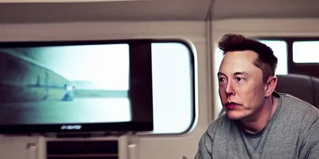 Image similar to full distant shot of bald and dirty elon musk in a tracksuit drinking beer in the couch while watching tv in a dirty trailer, very realistic photograph, cinematic lighting, by ken loach