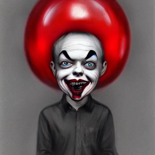 Image similar to surrealism grunge cartoon portrait sketch of billie eilish the mushroom man with a wide smile and a red balloon by - michael karcz, loony toons style, pennywise style, horror theme, detailed, elegant, intricate