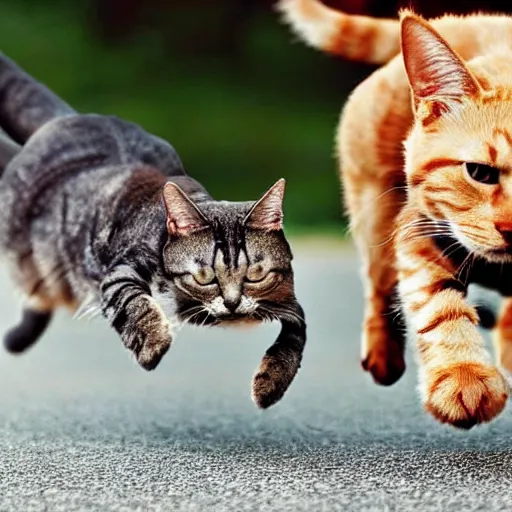 Image similar to a giant cat chasing after a little dog, little dog running away fast from the scary cat