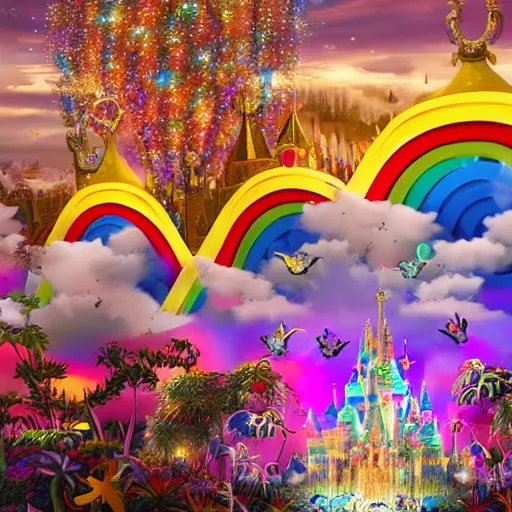 Prompt: a whimsical magical kingdom made up of clouds and rainbows, covered in shining stars