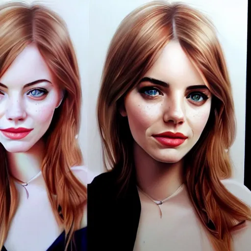 Image similar to portrait of a hybrid of emma stone and emma roberts and emma watson, photo realistic, highly detailed, perfect face, art by artgerm