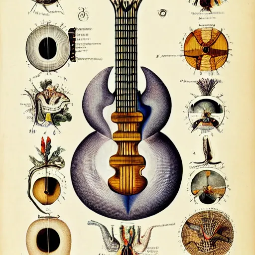 Prompt: anatomical diagram of a guitar, by maria sibylla merian