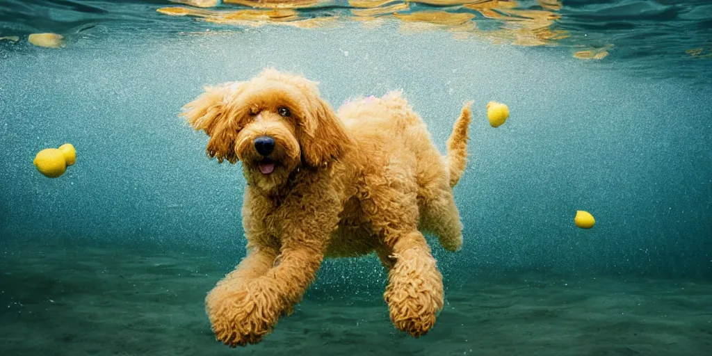 Prompt: a golden doodle chasing sliced lemons under water, style of national geographic