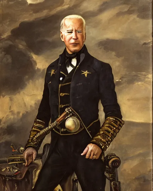 Prompt: a portrait of Joe Biden as a steampunk captain, art by by Joseph Karl Stieler and Théodore Gericault and Eugène Delacroix, highly detailed, trending on wikiart