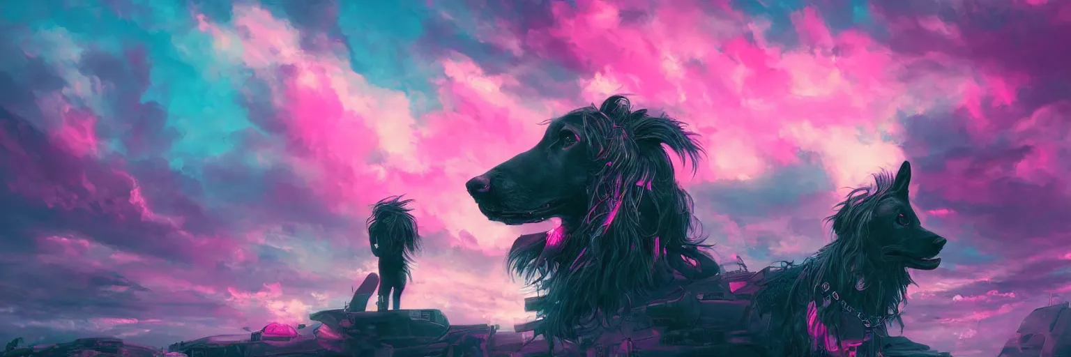 Image similar to hyperdetailed illustration, portrait big dark dog, mohawk, stars, pink, neon, oil painting, rich deep colors masterpiece, pirate neon ship, ultra detailed, contrast, heaven pink, clouds, volumetric light, atmospheric lighting, dramatic, cinematic, moody, octane render 4 k, 8 k