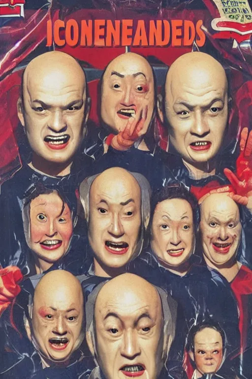 Image similar to coneheads, japanese vhs cover art, detailed facial expressions